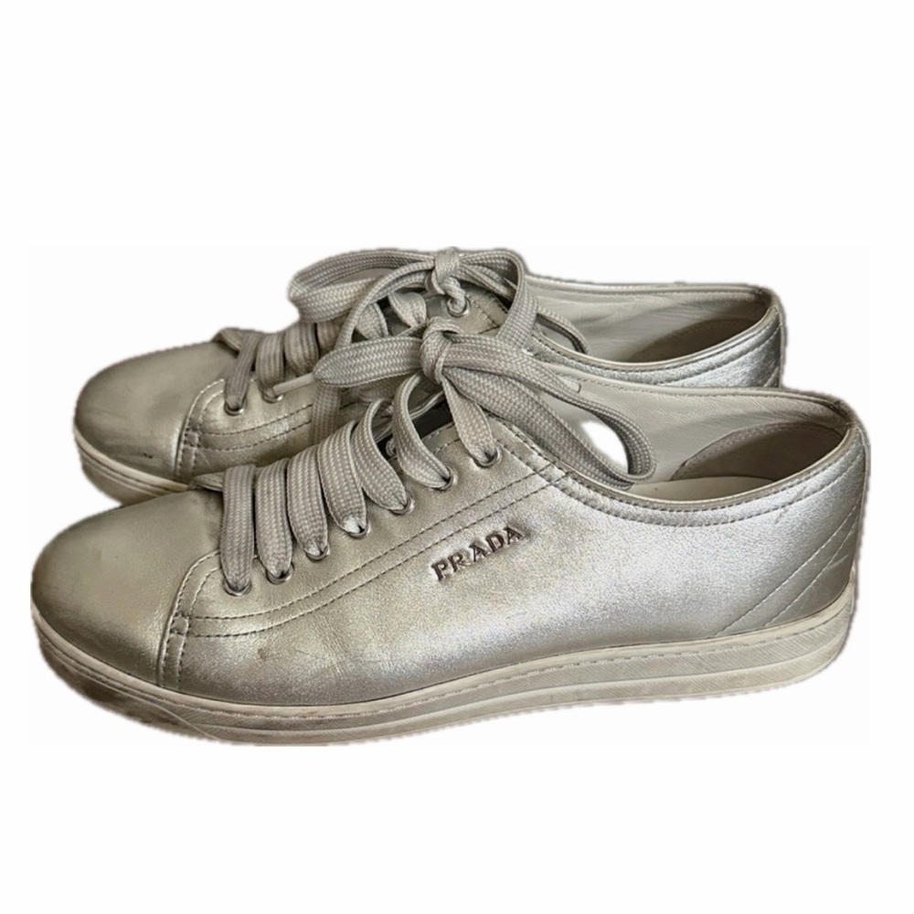 Prada Metallic Silver Leather Low Top Sneakers, size 38.5 - Picture 3 of 15